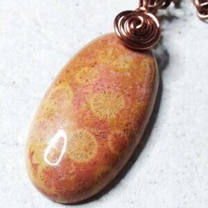 Wire Wrapped!!! Mango + Tangerine Hues! Chrysanthemum Fossil Pendant + 20" Chain